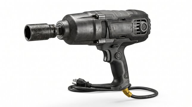 Black and gray corded electric impact wrench with socket attached. Has pistol grip, trigger, and power cord for high-torque nut and bolt fastening.