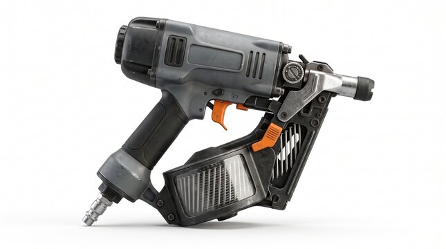 Gray and black pneumatic coil nail gun with orange trigger. Has air fitting, nail coil magazine, and depth adjustment for fast framing and roofing.