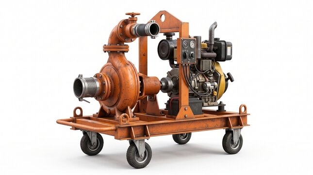 Orange industrial diesel water pump on a wheeled cart. Has large inlet/outlet, engine, and control panel for dewatering and construction use.