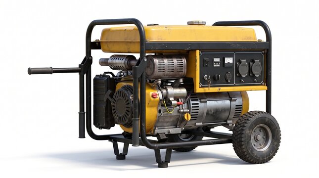Yellow and black portable gas generator on wheels with handle. Has control panel with outlets, meter, and engine for backup or jobsite power.