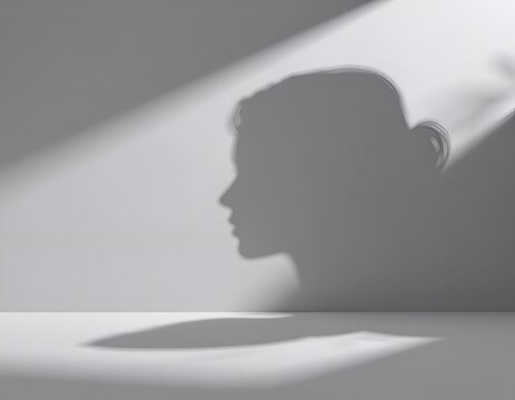 Woman profile silhouette shadow on gray room wall.