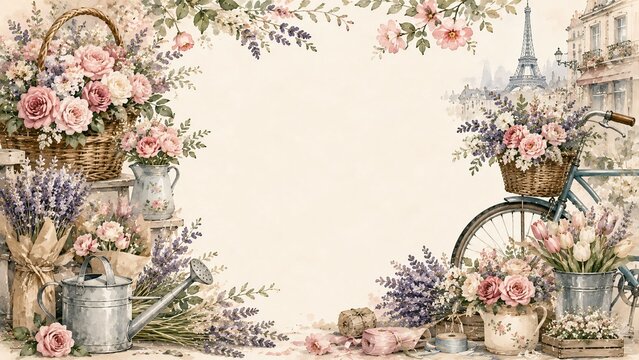 Watercolor floral border background with romantic roses and bicycle flower basket watering can