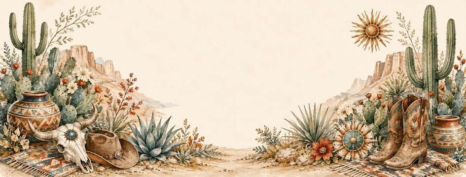 Watercolor western desert border background with cactus and cowboy boots desert landscape cowboy hat
