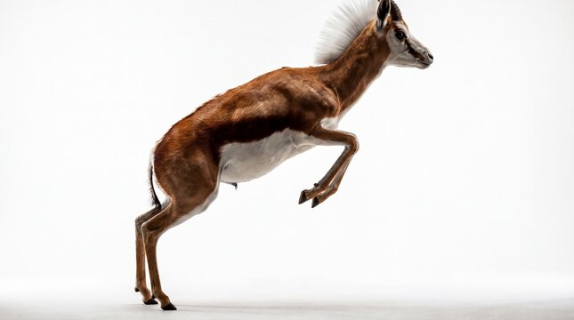 A young springbok leaps gracefully through the air against a clean and bright white background.