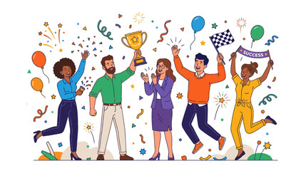 Fototapeta premium Diverse team celebrates victory with trophy and confetti, isolated on transparent background