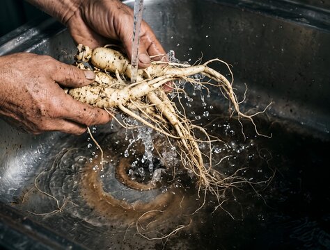 Close-up of freshly harvested ivory ginseng roots being rinsed in clear running water over a weathered stainless basin, water droplets frozen mid-splash, soil dissolving into a faint brown swirl.