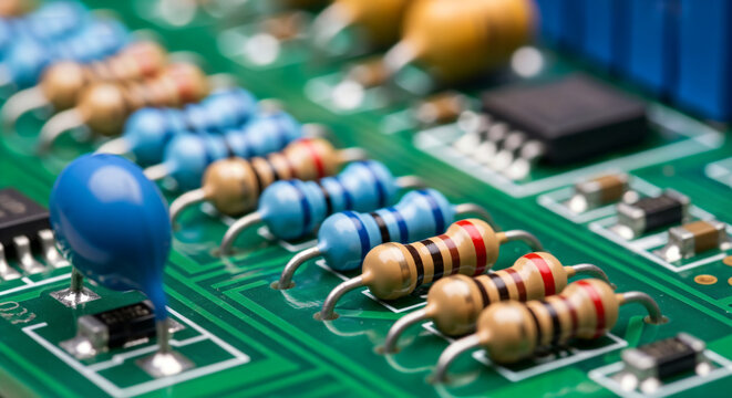 Close-up of electronic circuit board with resistors and chips