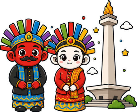 Cute Ondel-ondel Characters with Jakarta Illustration