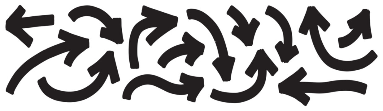 Selection of curved and bent arrow shapes in black on white background vector illustration.