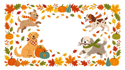 Fototapeta premium Cute Dogs in Autumn Fall Leaves Border Frame Illustration