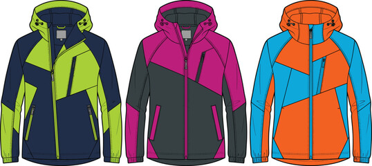 Technical Flat Sketch Set of Colorful Outdoor Hooded Waterproof Jackets and Windbreakers © Md