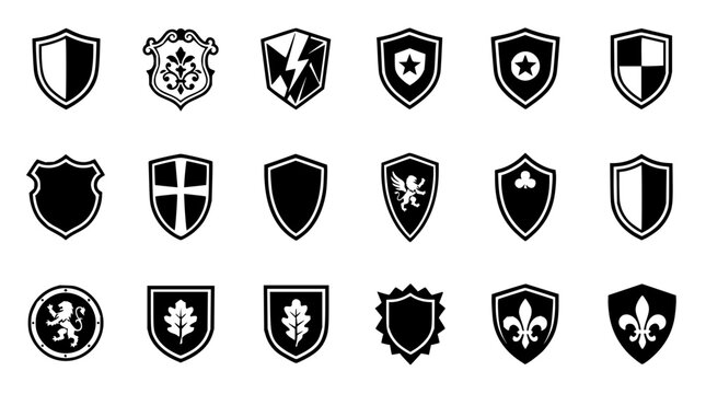 Shield icons set with geometric grid arrangement featuring modern flat design with 2026 elements and clean vector style