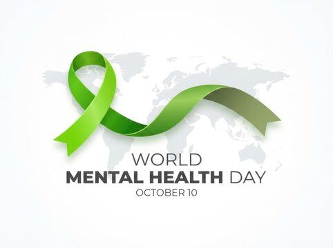 Green awareness ribbon over a world map background for the annual world mental health day event