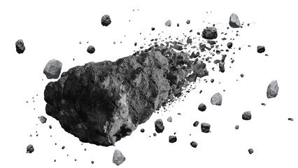 Large grey asteroid breaking apart and falling with debris isolated on black background © Raihan