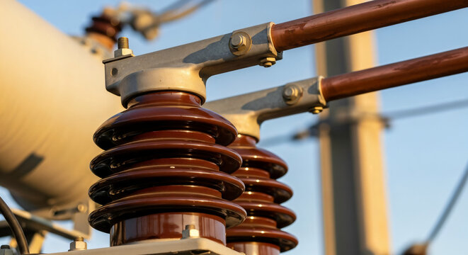 Close up of electrical insulators and copper conductors