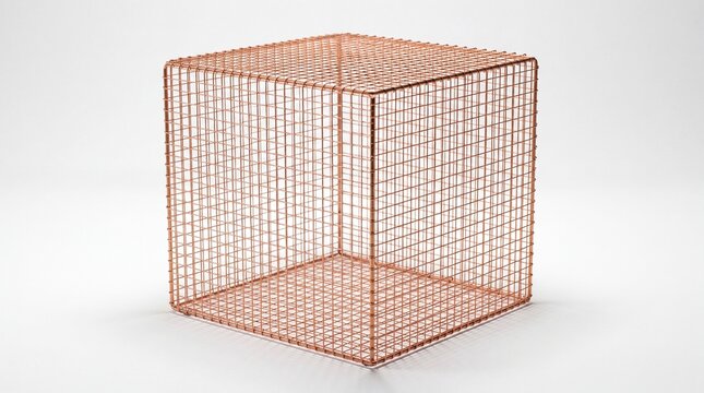 A minimalist copper wire mesh cube structure isolated against a clean and bright white background.
