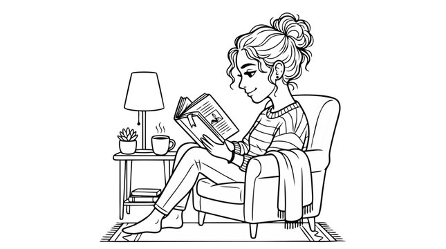 Young Woman Reading Book while Relaxing on Armchair at Home - Vector Illustration