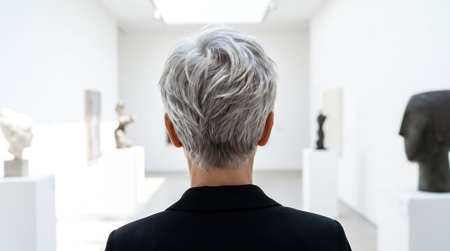 Back view of a gray-haired man looking at paintings in an art gallery