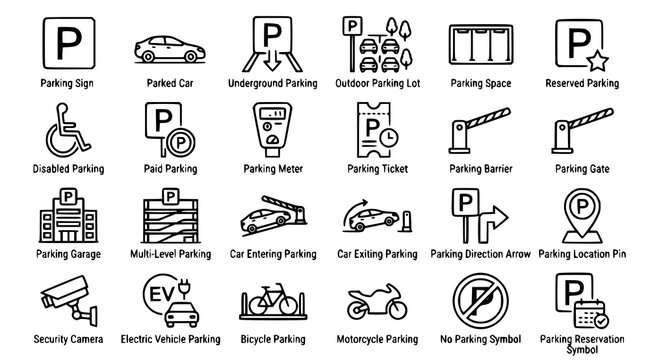 Car parking icon set with parking area signs garage spaces barriers and vehicle symbols editable black vector collection