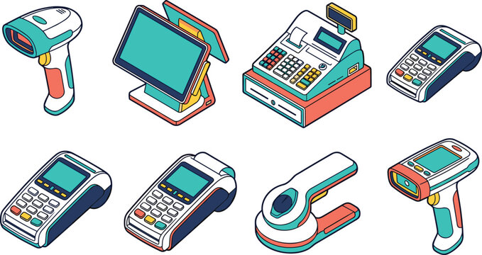 Set of Isometric POS Terminals, Cash Registers, and Barcode Scanners for Retail and Commerce