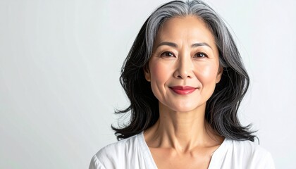 Obraz premium Graceful Korean Woman in Her 50s Portrait with Healthy Skin on White Background