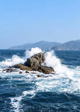Ocean waves crashing against rocks with deep blue sea, large rock formation, and distant coastal mountains under clear sky