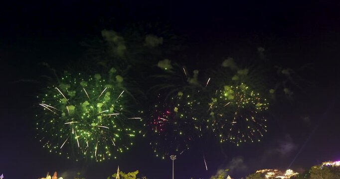 Spectacular golden fireworks display exploding in the night sky during Phra Nakhon Khiri annual festival in Phetchaburi Thailand.