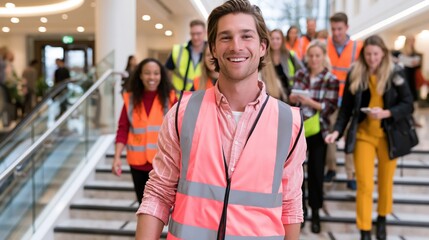 Obraz premium Smiling young man wearing highvisibility clothing leads a diverse group of people down stairs.
