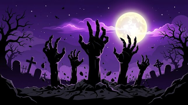 Scary zombie hands emerging from graveyard at night