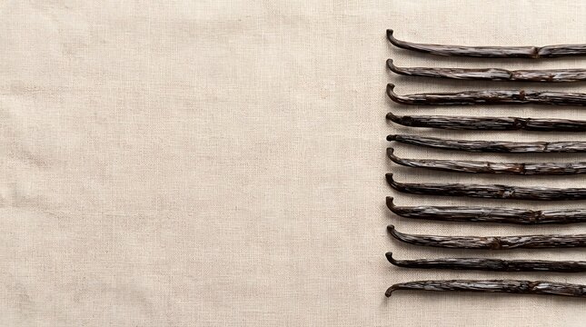 Several organic dried vanilla beans are arranged neatly in a row on a rustic textured fabric surface for culinary preparation and authentic kitchen baking projects requiring high quality natural
