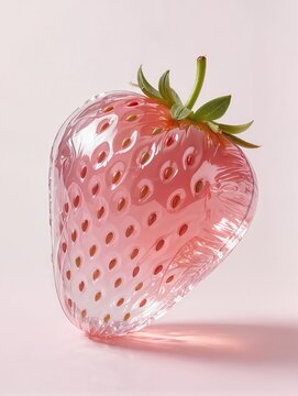 A beautiful oversized strawberry recreated entirely from transparent inflatable plastic, heart-shaped fruit with delicate translucent seeds, small green leaves and curved stem