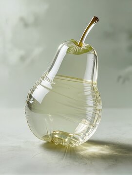 A graceful pear recreated as a transparent inflatable plastic sculpture, elegant organic shape with slender stem and small leaf, delicate wrinkles following the curved surface, glossy translucent 