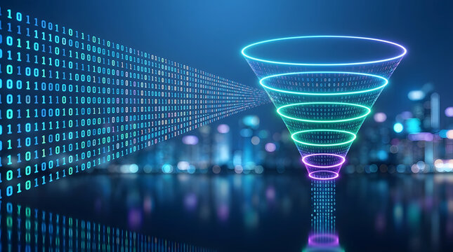 Abstract funnel filtering binary data stream into a futuristic city. The neon-lit funnel glows with vibrant blue, green, and purple hues.