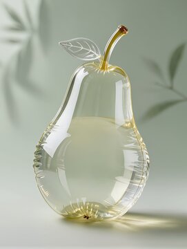A graceful pear recreated as a transparent inflatable plastic sculpture, elegant organic shape with slender stem and small leaf, delicate wrinkles following the curved surface, glossy translucent 