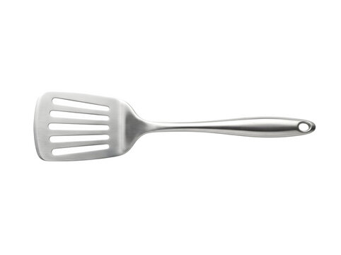 Stainless steel slotted kitchen spatula cooking utensil isolated on transparent background