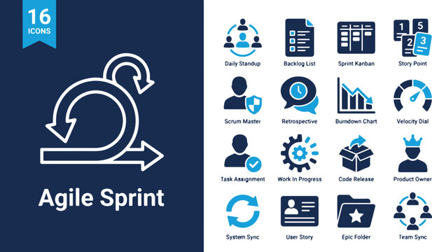 Set of 16 Agile Sprint and Scrum methodology flat vector icons including project management, software development, and teamwork concepts.
