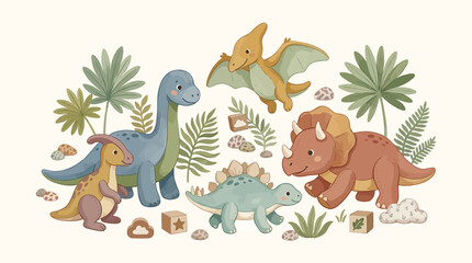 Cute Cartoon Dinosaurs and Tropical Plants Isolated on Transparent Background © dodo
