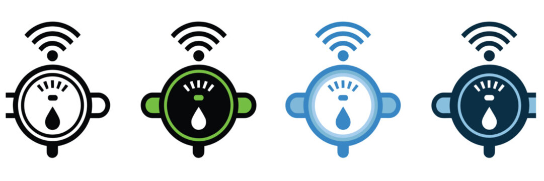 Smart water meter icon representing digital measurement, water consumption monitoring, utility management, conservation, and connected technology.