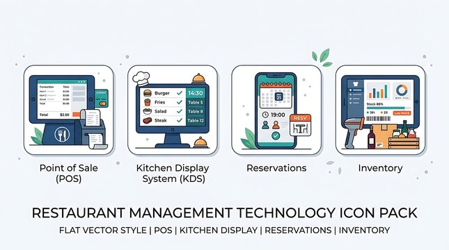 Restaurant management software icons including POS system, kitchen display, mobile reservation, and stock inventory tracking
