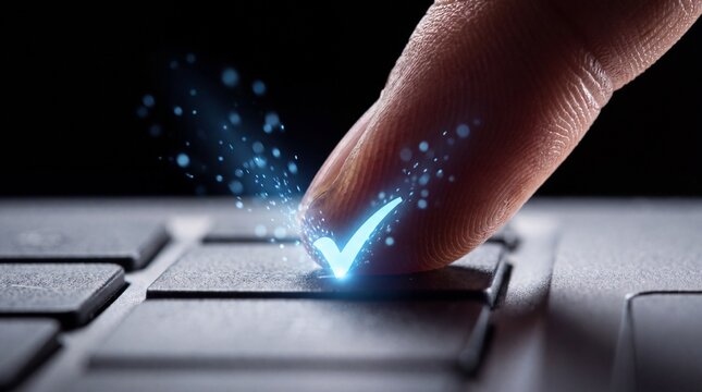 Glowing blue checkmark icon on laptop keyboard, finger pressing digital confirmation button, secure online transaction concept