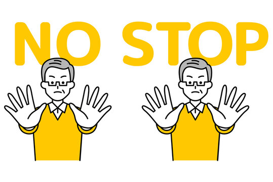 両手を前に出してNO/STOPと言う年配の男性