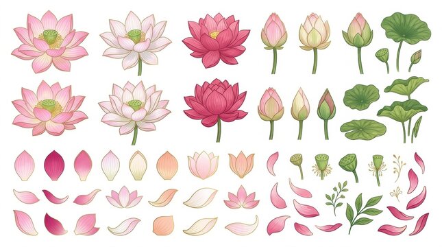 Set of watercolor lotus flowers and leaves isolated on white background for wedding invitations and floral botanical design projects