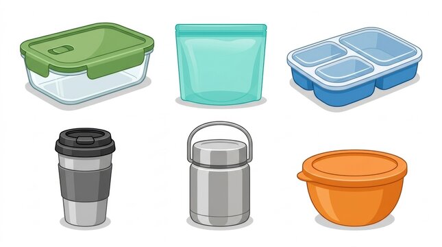 A collection of various reusable food storage containers including plastic boxes silicone bags metal tiffins and travel coffee cups