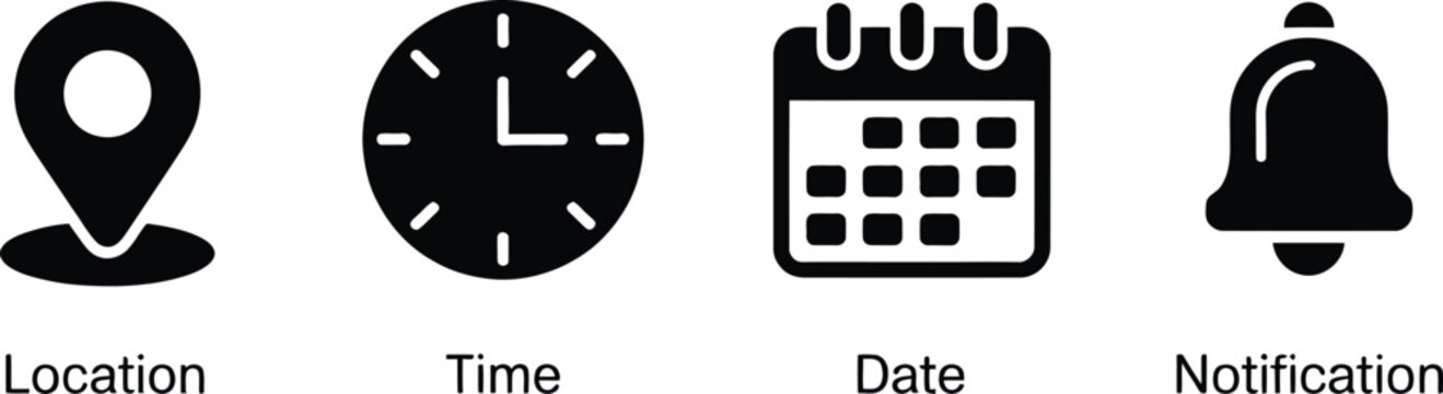 Set Of Four Minimalist Icons Representing Location Time Date And Notification