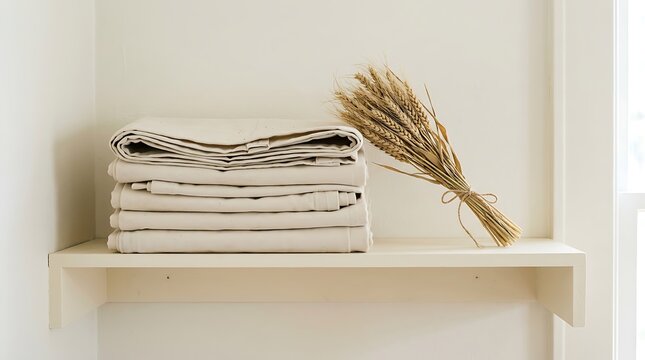 Minimalist linen bedding stack on wooden shelf, organic beige cotton textiles with dried wheat bundle, rustic home decor for sustainable lifestyle and interior design concepts.