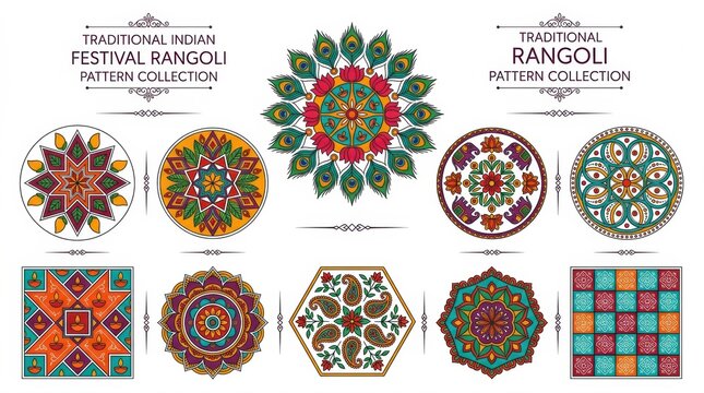 Collection of various decorative mandala designs and geometric patterns featuring intricate floral motifs and vibrant colors on white background