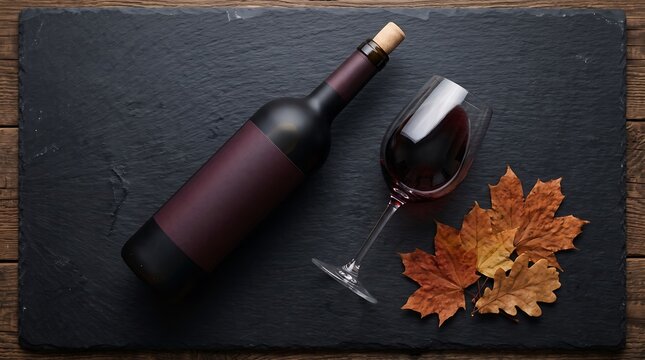 Elegant red wine bottle and glass on black slate board, rustic autumn wine composition with dry maple leaves, premium winery branding mockup for seasonal restaurant menus