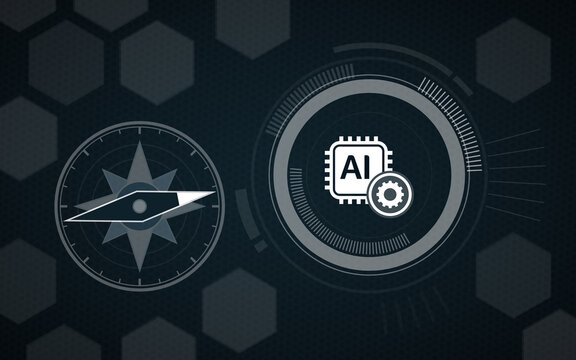 Digital concept illustration featuring a navigational compass pointing towards an artificial intelligence processor icon with settings gear, symbolizing strategic AI configuration and guidance.