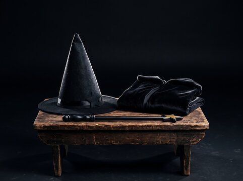 Mystical witch hat and velvet cloak on rustic wooden bench, magic wand with star tip on dark background, gothic wizard costume accessories for Halloween or fantasy cosplay