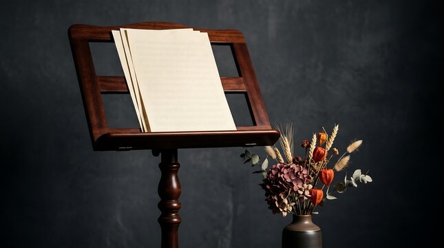 Vintage wooden music stand with blank sheet paper, elegant orchestral score holder on dark background, classical music composition concept with dried floral arrangement